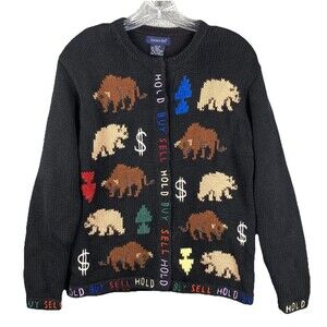 VTG Y2K Eagle's Eye Stock Market Snap Cardigan M Bulls Bears Buy-Sell-Hold RARE